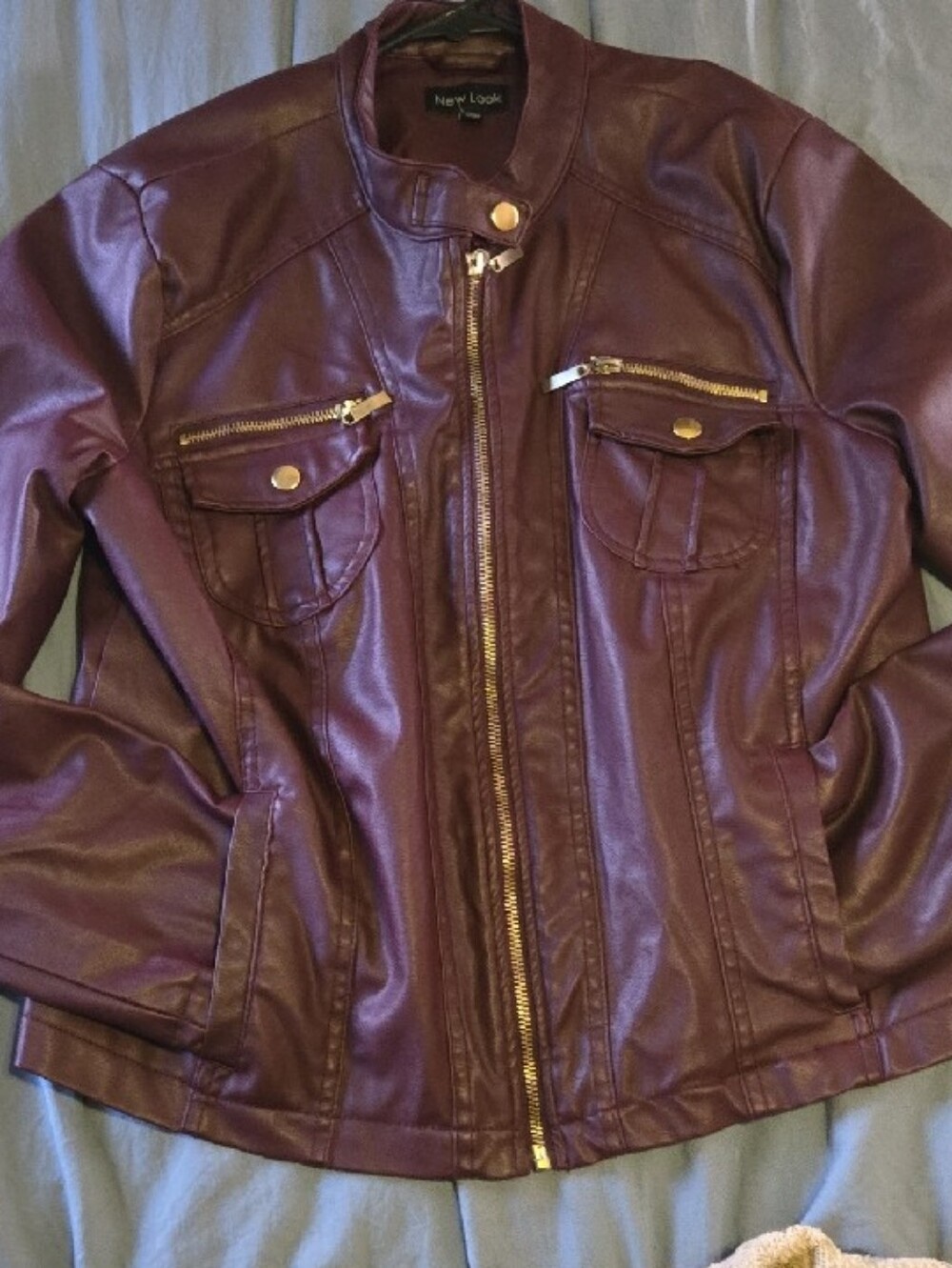 New Look Burgundy Faux Leather Moto Jacket with Gold Hardware